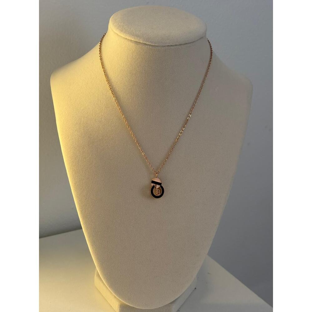 Gold Black Initial Necklace B Pendant Minimal Coin Charm Jewelry - Picture 3 of 5